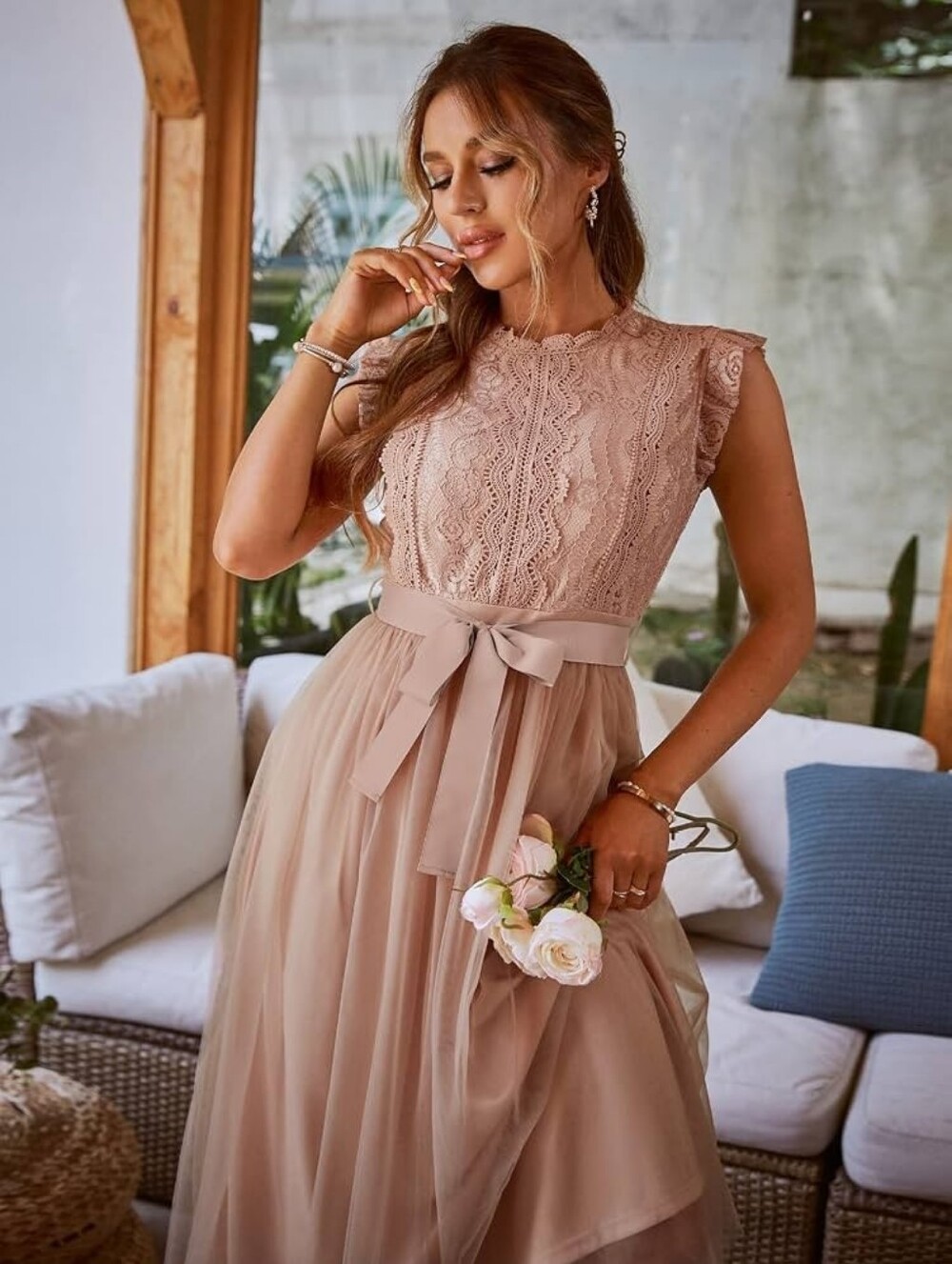 Simplee Women's Contrast Lace Blush Pink Belted Mesh Dress Size L - Picture 2 of 5